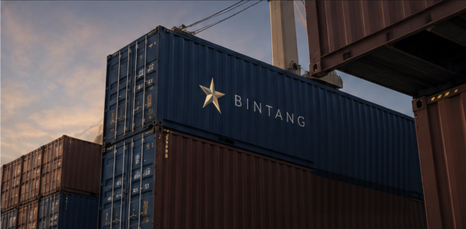 Conceptual Bintang-branded shipping containers in evening light