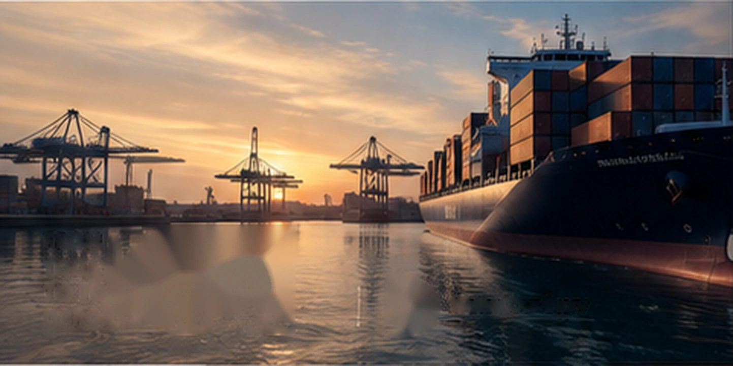 Container ship and port cranes in warm evening light
