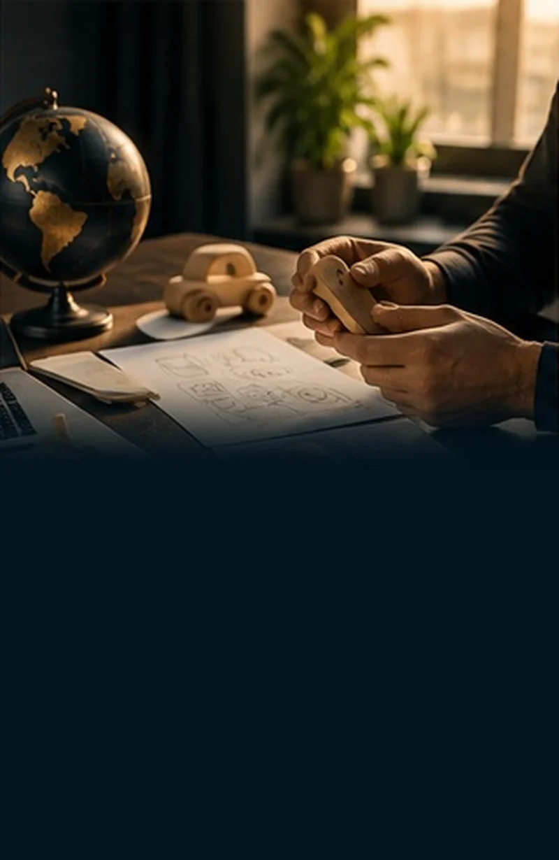 Sourcing — hands sketching product ideas with a globe